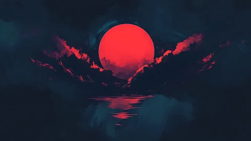 Crimson moon drifts above dark waves in a dreamy night sky