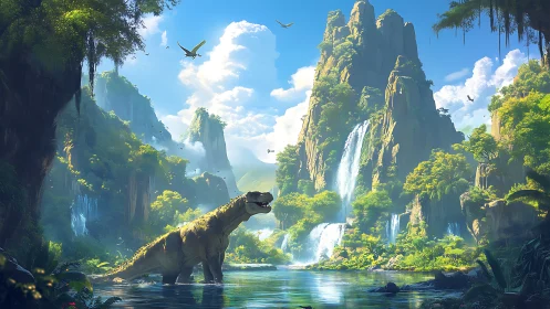 Sunlit dinosaur lagoon beneath soaring misty waterfalls.