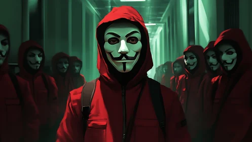 Masked figure in red hoodie leading anonymous hallway group.