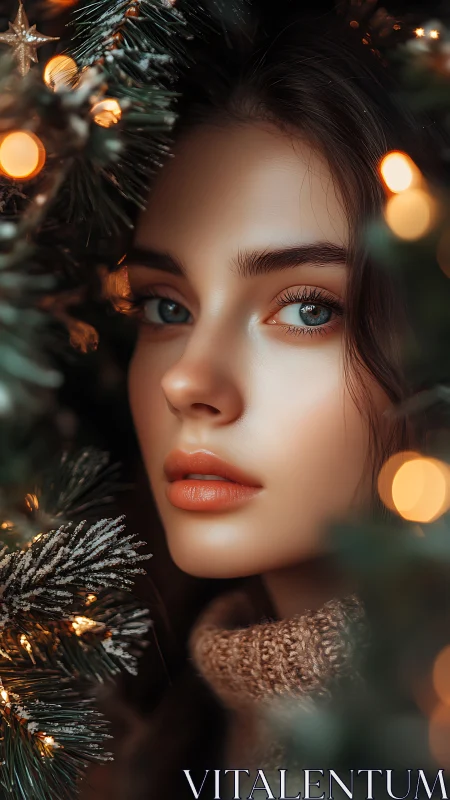 Woman framed by lit Christmas tree branches at close range