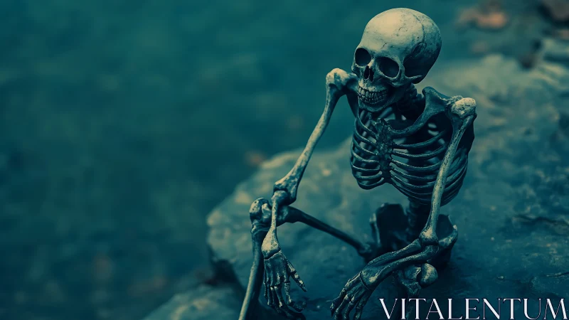 Human-like skeleton model seated on rock near blurred water.