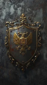 Gilded heraldic shield with corroded metal relief detailing.