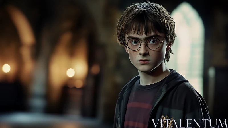 Young wizard in candlelit hall, caught between wonder and worry.