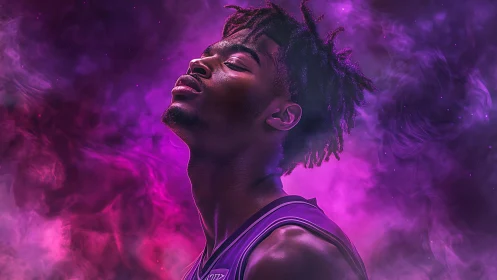 Focused basketball player in purple neon smoke portrait.