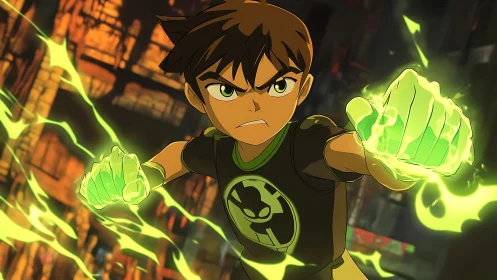 Teen hero with glowing green energy fists in city setting.