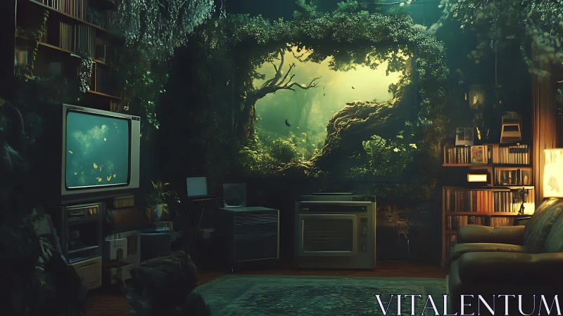 Digital painting blends retro living room with forest portal.