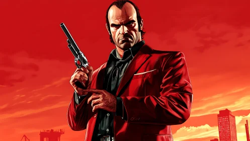 Scarlet-suited outlaw squares off beneath a burning sky.