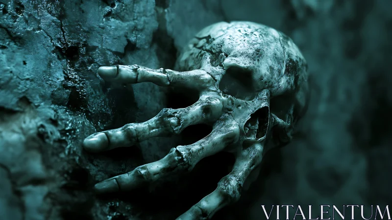 Eerie skeletal face reaching from the shadows with quiet dread.