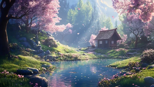 Serene riverside cottage amid luminous spring cherry blooms.