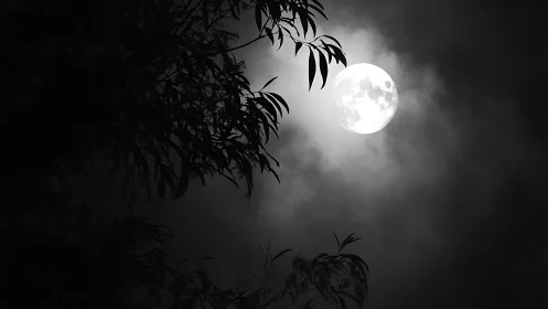 Full moon behind silhouetted tree branches at night.