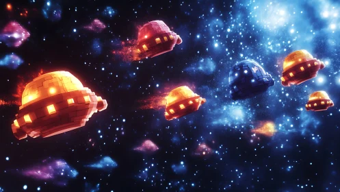 Voxel starcraft flotilla traversing nebular particle field.