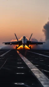 Carrier-based jet fighter launching at sunrise on deck.