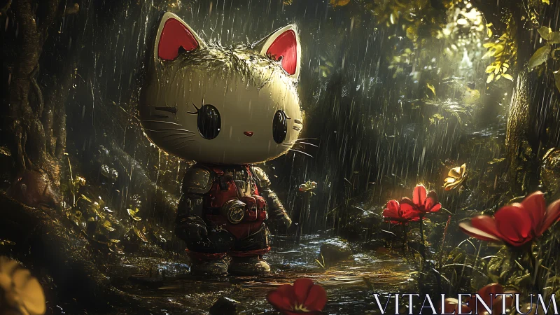 Armored cat explorer pauses in a rain-soaked forest glade.
