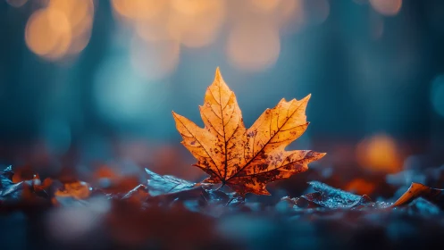Single maple leaf on wet ground with blurred lights behind.