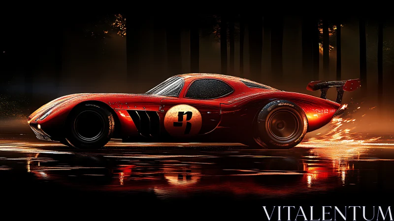 Midnight red racer slicing through a glowing forest road.