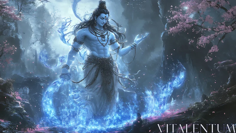 Mystic blue deity rising amid blossoms and swirling starlight.