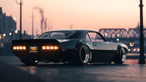 Twilight cityscape framing lowered muscle car profile beautifully.