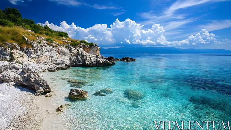 Turquoise rocky coast with crystal shallows under bold sky.