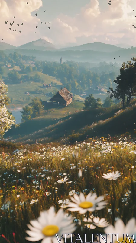Wildflower hillside overlooks wooden cabin in misty valley