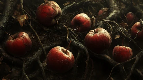 Twisted roots cradle weathered apples in forest dusk hush