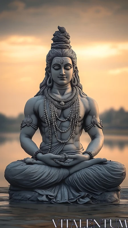 Serene Shiva statue in meditation by a glowing lakeside sunset.