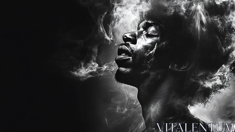 Monochrome male profile dissolving into swirling vapor clouds