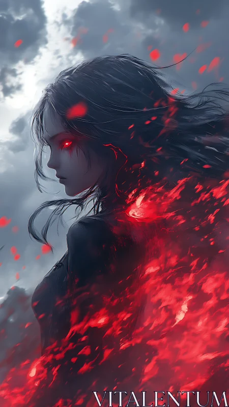 Dark anime woman with glowing red eyes and burning aura.