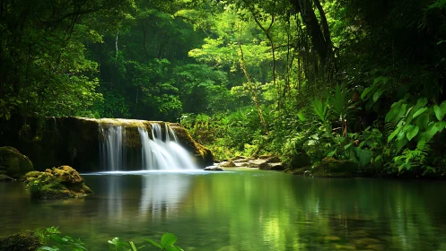 Sunlit jungle waterfall pours into calm emerald forest pool