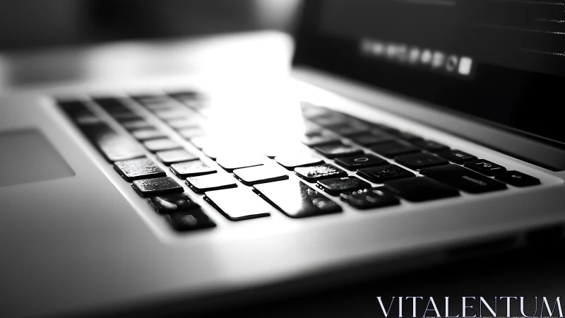 Backlit laptop keyboard glows softly in monochrome light