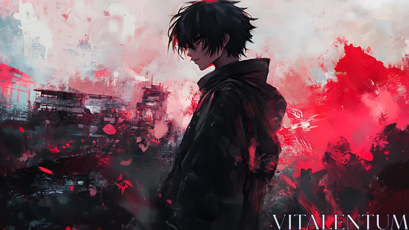 Quiet anime wanderer in a storm of glowing crimson light.