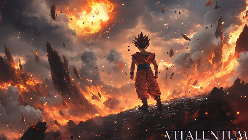 Solitary anime warrior surveys apocalyptic volcanic inferno