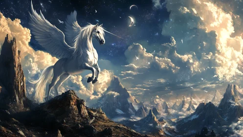 Winged white Pegasus over celestial alpine landscape.