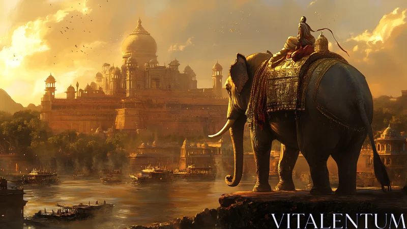 Regal armored elephant overlooks sunlit riverside palace