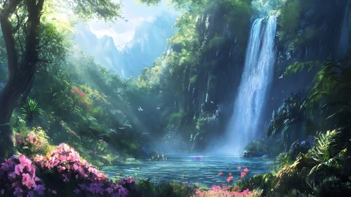 Lush forest waterfall and pond in bright morning light.