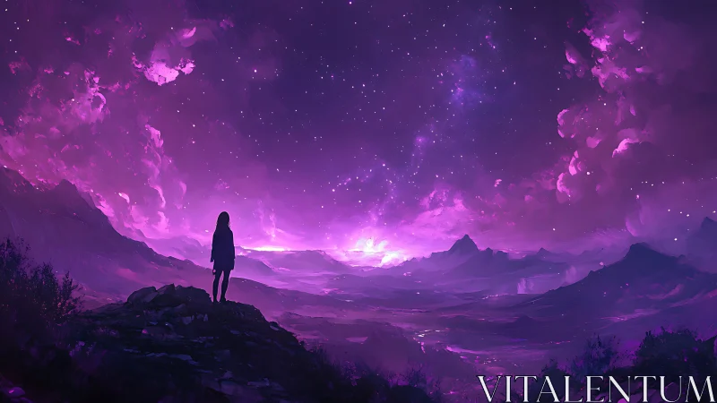 Silhouetted figure observes luminous violet cosmic valley