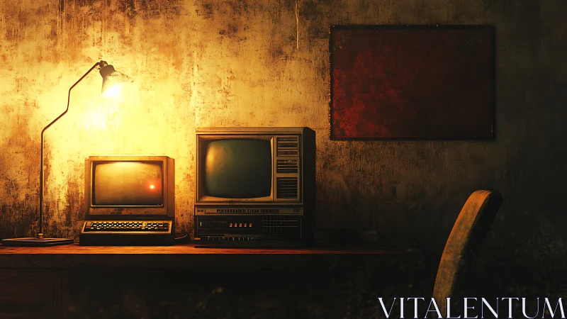 Retro computer workstation glows under warm desk lamp