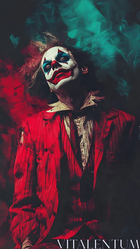 Haunting clown in a tattered red suit amid swirling color.
