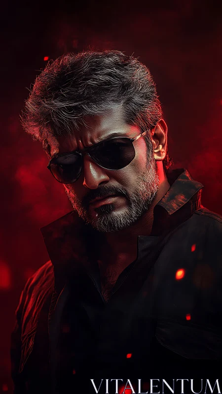 Confident silver-haired hero framed in bold red light.