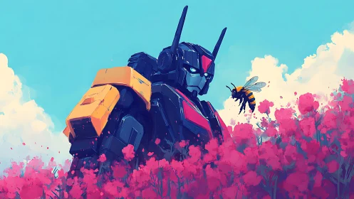 Large robot amid pink blossoms with hovering bee observed.