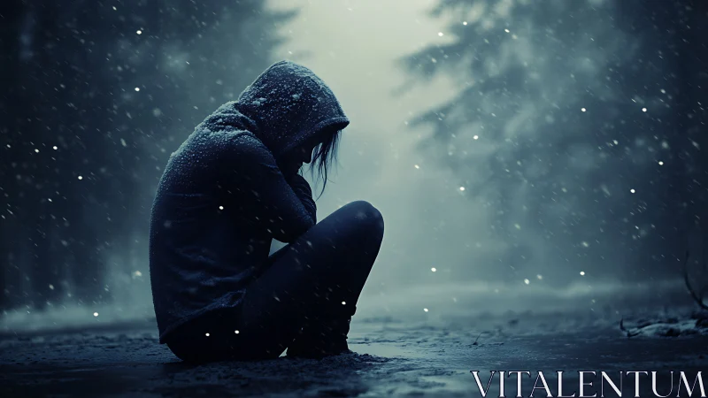 Solitary hooded figure in snowy forest gloom at dusk.