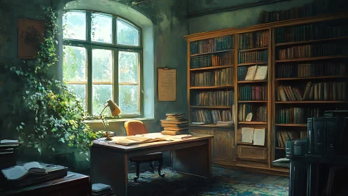Sunlit old study room with desk, bookshelves, and plants.