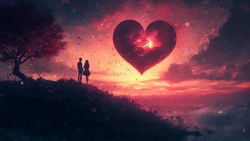 Two silhouetted figures observe an oversized luminous heart in atmospheric sky.