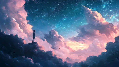 Silhouetted child observing glowing clouds and starry sky.