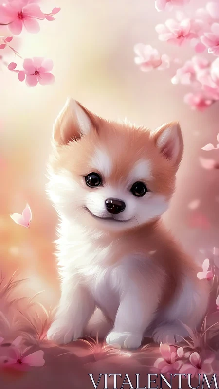 Cute fluffy puppy portrait under soft pink blossoms.