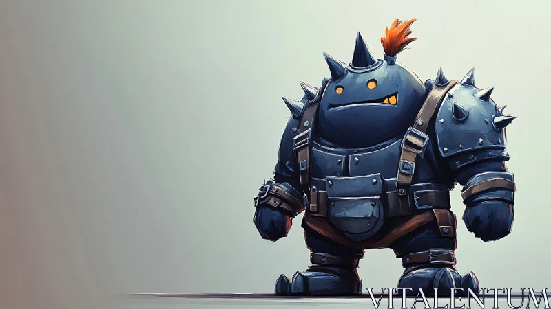 Melancholy metal brute in spiked armor with tiny mohawk.