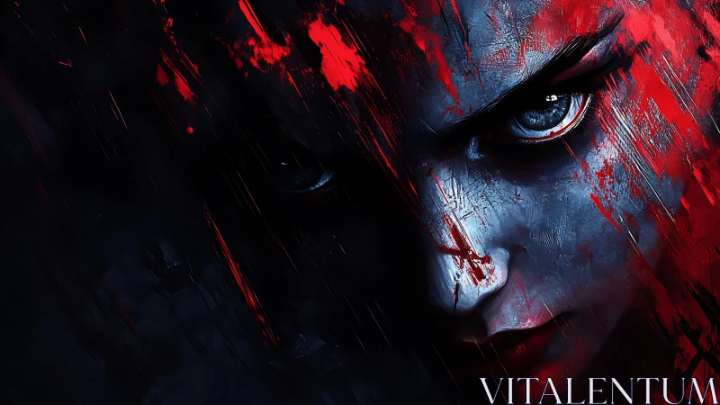 Scarlet fury across a midnight face of frozen resolve.