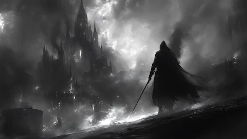 Hooded warrior observing distant dark fortress in mist.