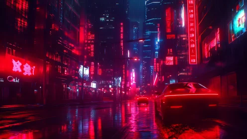 Neon lit rain soaked cyberpunk avenue with reflective wet asphalt
