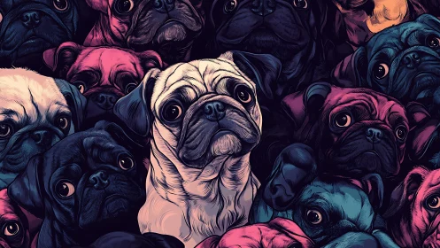 Neon-eyed pug parade in a crowded candy-colored cuddlestorm.