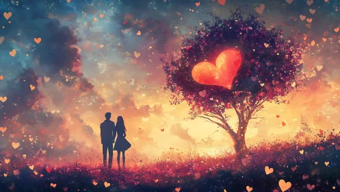 Silhouetted Couple Under Luminescent Heart Tree: Digital Romantic Composition.